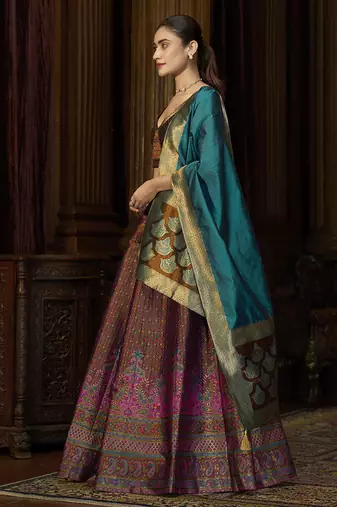Brown Kanjiwaram Silk Jacquard Woven Trendy Lehenga Choli