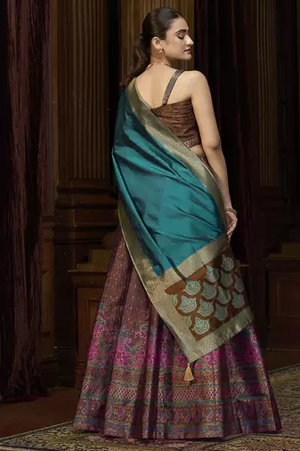 Brown Kanjiwaram Silk Jacquard Woven Trendy Lehenga Choli