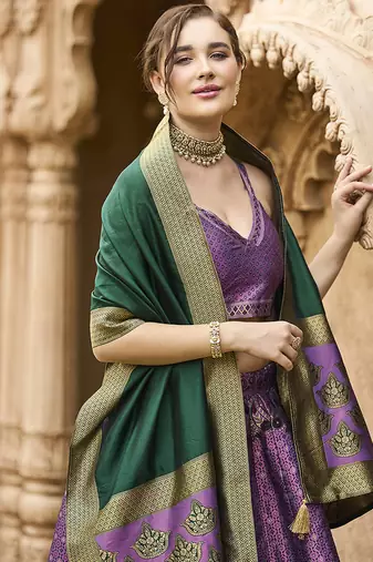Purple Kanjiwaram silk blend Jacquard Woven Lehenga Choli