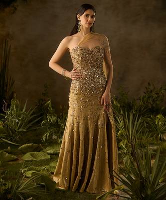 Gold embroidered jacquard gown 1