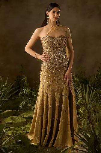 Gold embroidered jacquard gown