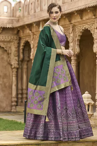 Purple Kanjiwaram silk blend Jacquard Woven Lehenga Choli