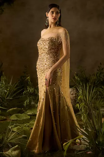 Gold embroidered jacquard gown