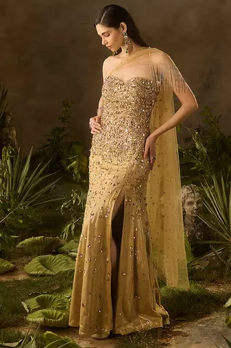 Gold embroidered jacquard gown