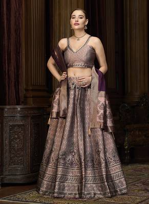Rose pink Kanjiwaram silk blend Jacquard Woven Lehenga Choli 1