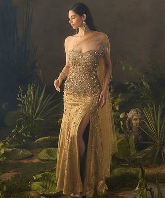 Gold embroidered jacquard gown 4