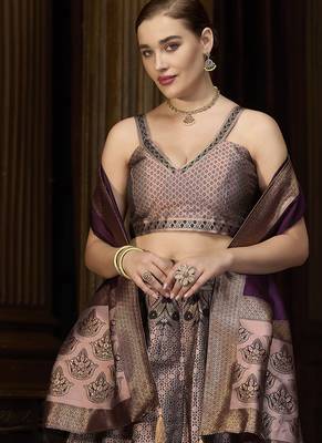 Rose pink Kanjiwaram silk blend Jacquard Woven Lehenga Choli 2