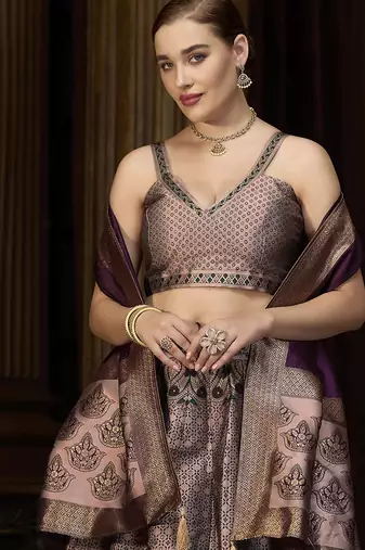 Rose pink Kanjiwaram silk blend Jacquard Woven Lehenga Choli