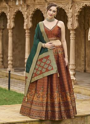 Rust Kanjiwaram silk blend Jacquard Woven Lehenga Choli 1