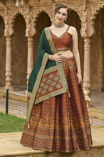 Rust Kanjiwaram Silk Jacquard Woven Trendy Lehenga Choli