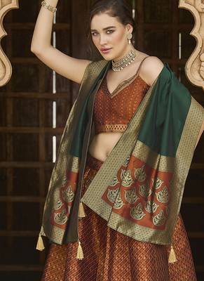 Rust Kanjiwaram silk blend Jacquard Woven Lehenga Choli 2