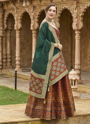 Rust Kanjiwaram silk blend Jacquard Woven Lehenga Choli 3