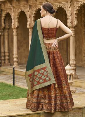 Rust Kanjiwaram silk blend Jacquard Woven Lehenga Choli 4