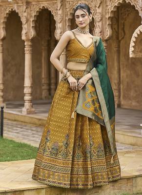 Yellow Kanjiwaram silk blend Jacquard Woven Lehenga Choli 1