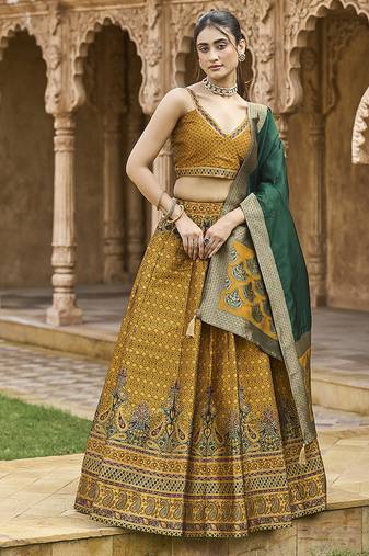 Yellow Kanjiwaram Silk Jacquard Woven Trendy Lehenga Choli