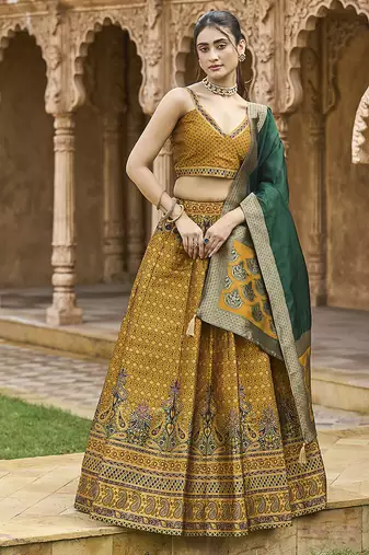 Yellow Kanjiwaram Silk Jacquard Woven Trendy Lehenga Choli