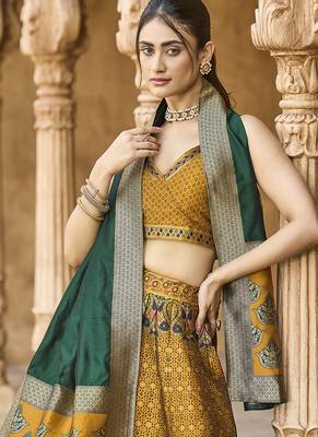 Yellow Kanjiwaram silk blend Jacquard Woven Lehenga Choli 2