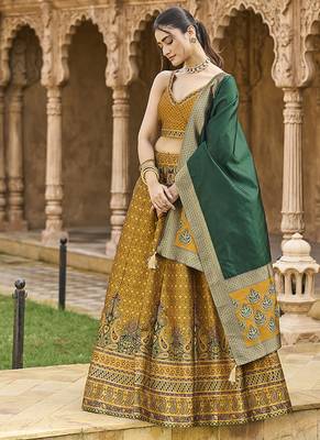 Yellow Kanjiwaram silk blend Jacquard Woven Lehenga Choli 3