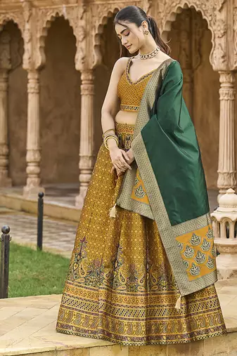Yellow Kanjiwaram silk blend Jacquard Woven Lehenga Choli