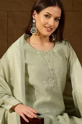 Women green chanderi woven design straight kurta trouser with dupatta
