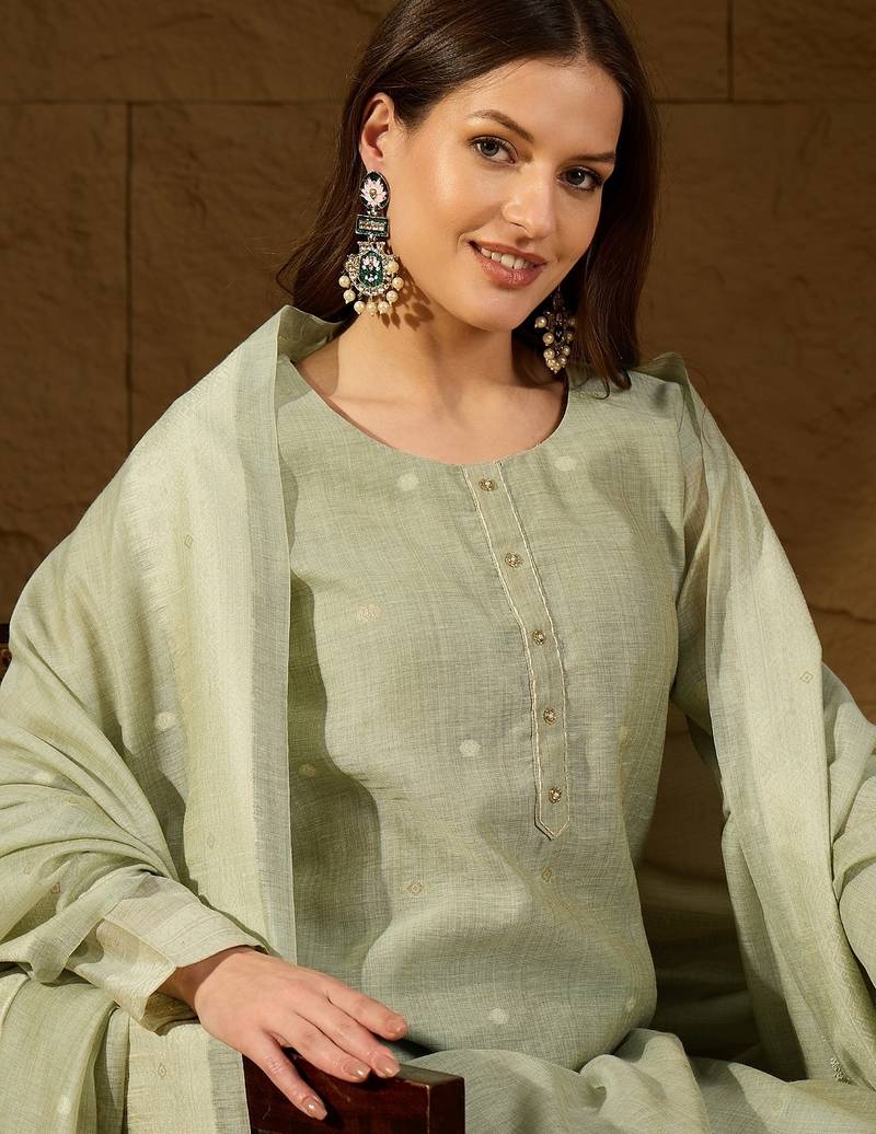 Women green chanderi woven design straight kurta trouser with dupatta