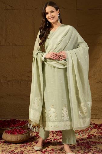 Women green chanderi woven design straight kurta trouser with dupatta