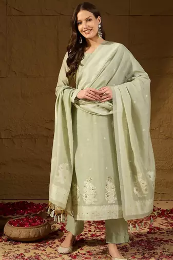 Women green chanderi woven design straight kurta trouser with dupatta