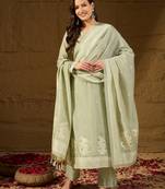 Women green chanderi woven design straight kurta trouser with dupatta