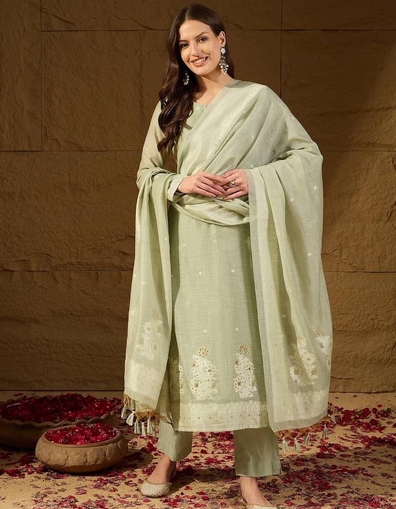Women green chanderi woven design straight kurta trouser with dupatta