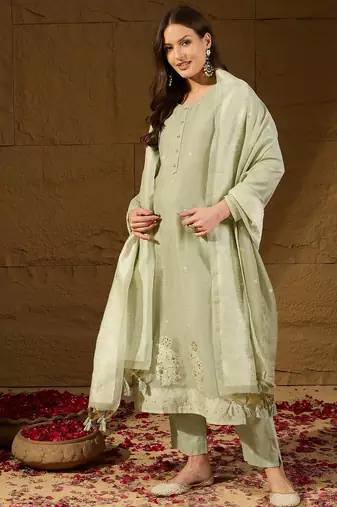 Women green chanderi woven design straight kurta trouser with dupatta