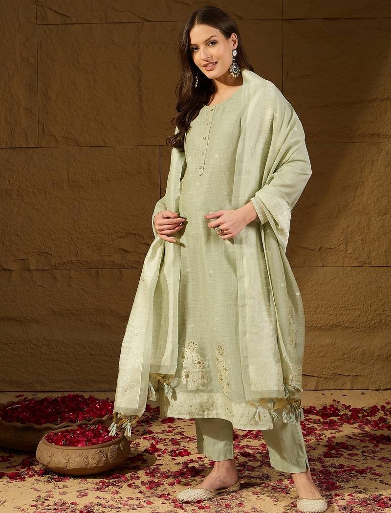 Women green chanderi woven design straight kurta trouser with dupatta