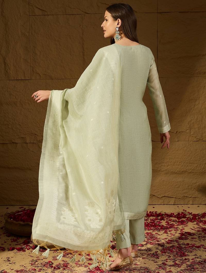 Women green chanderi woven design straight kurta trouser with dupatta