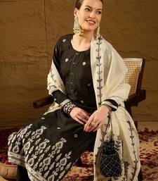 Women black chanderi woven design straight kurta trouser with dupatta