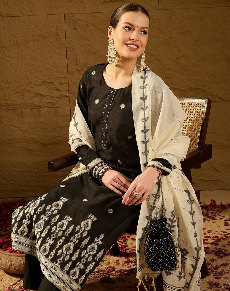 Women black chanderi woven design straight kurta trouser with dupatta