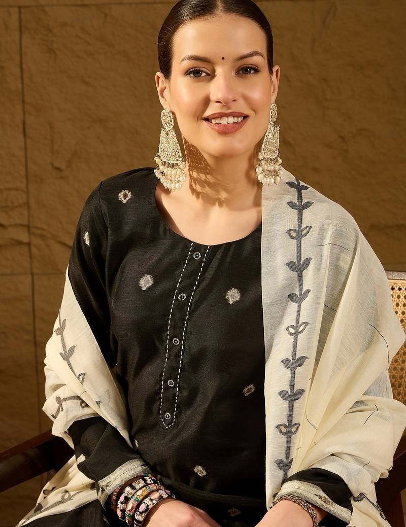 Women black chanderi woven design straight kurta trouser with dupatta