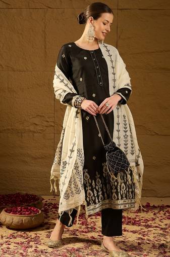Women black chanderi woven design straight kurta trouser with dupatta