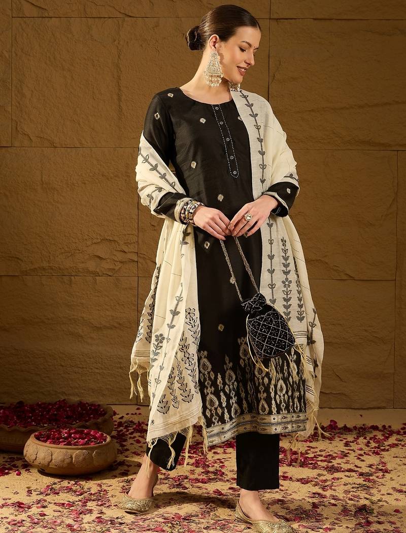 Women black chanderi woven design straight kurta trouser with dupatta