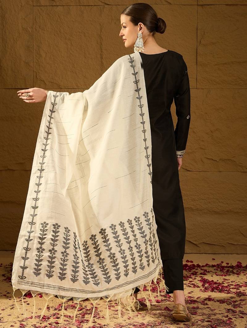 Women black chanderi woven design straight kurta trouser with dupatta