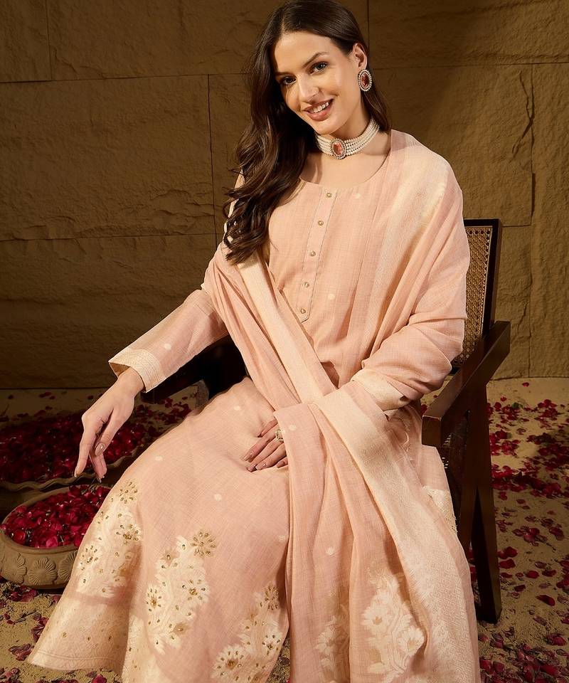 Women nude chanderi self design straight kurta trouser with dupatta