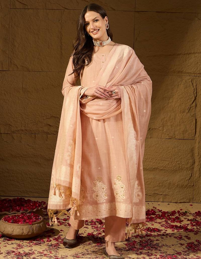 Women nude chanderi self design straight kurta trouser with dupatta