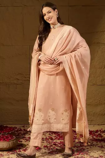 Women nude color chanderi self design straight kurta trouser with dupatta