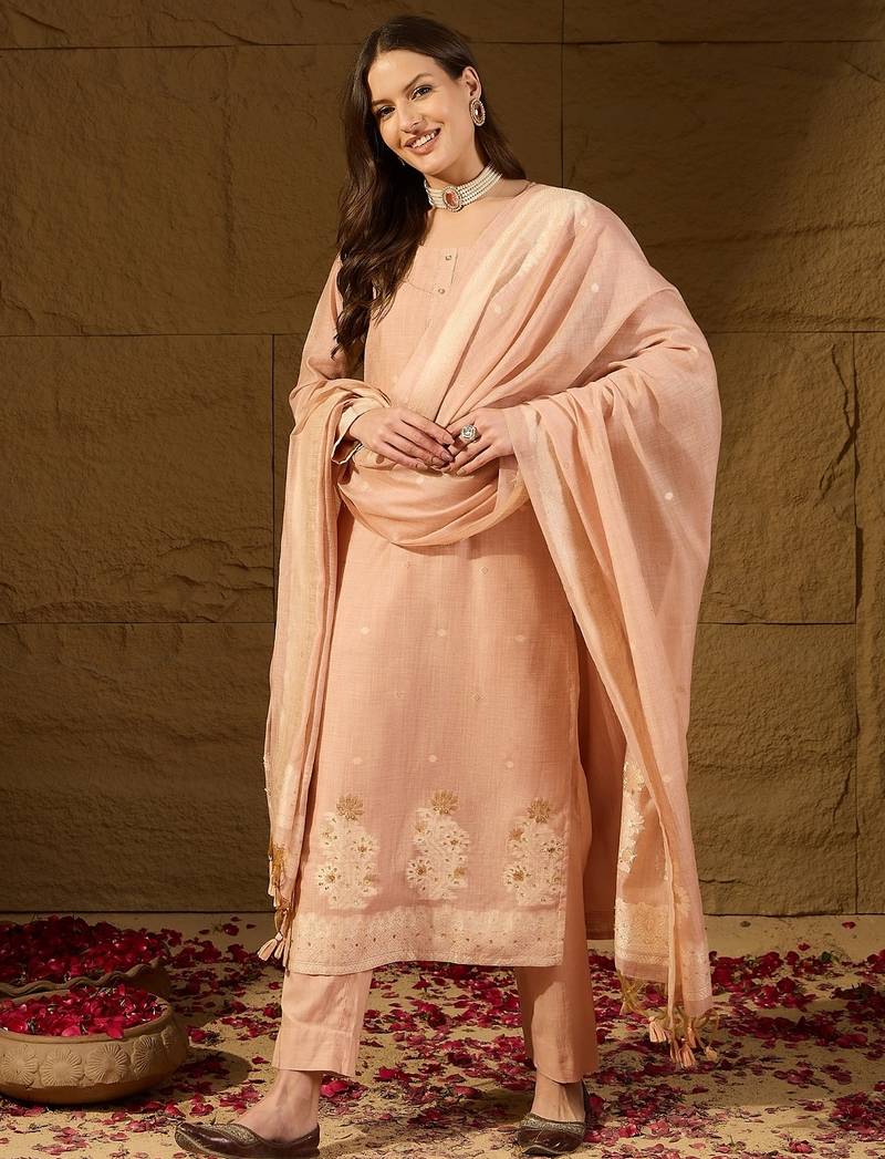 Women nude chanderi self design straight kurta trouser with dupatta