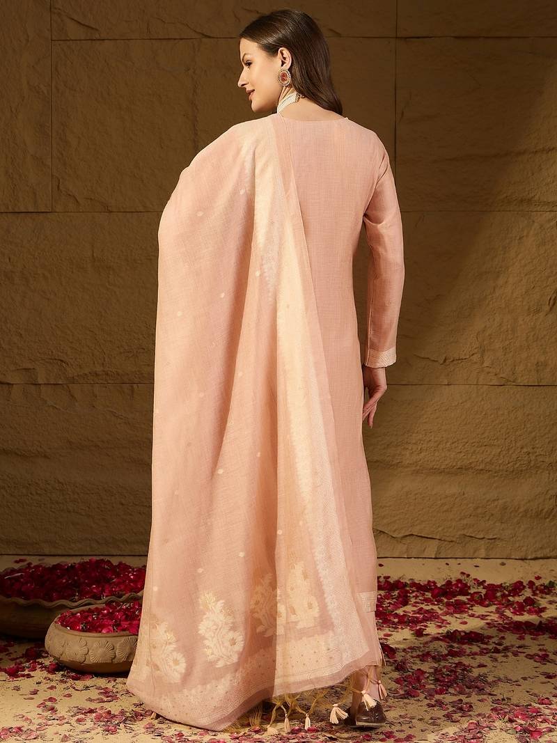 Women nude chanderi self design straight kurta trouser with dupatta