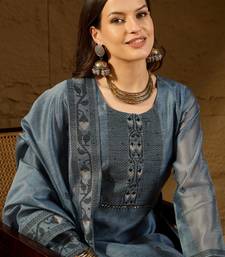 Women blue chanderi woven design straight kurta trouser with dupatta