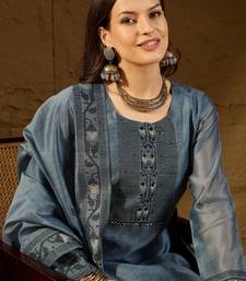 Women blue chanderi woven design straight kurta trouser with dupatta