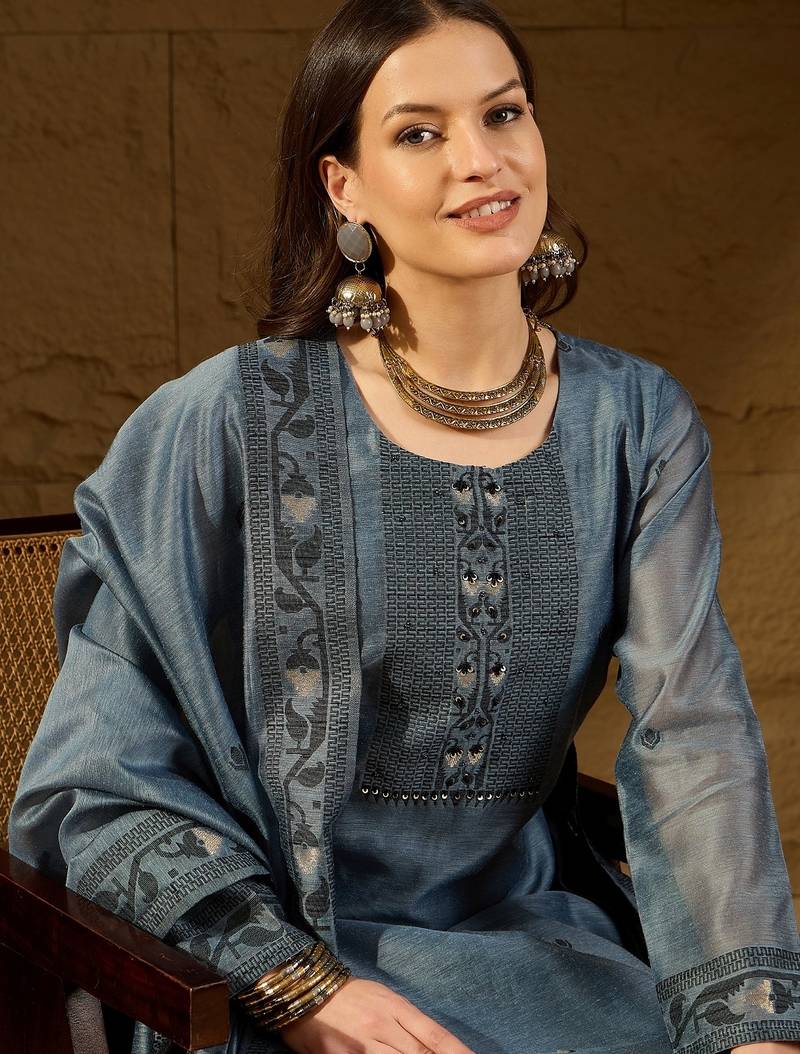 Women blue chanderi woven design straight kurta trouser with dupatta