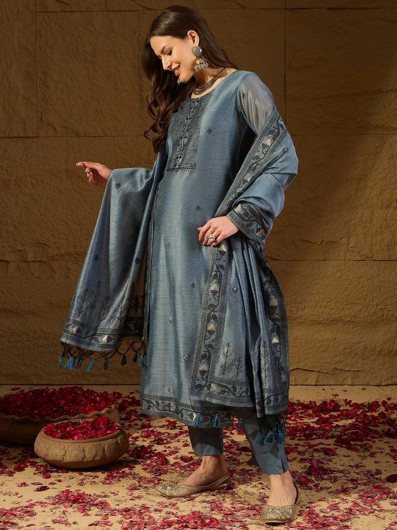 Women blue chanderi woven design straight kurta trouser with dupatta
