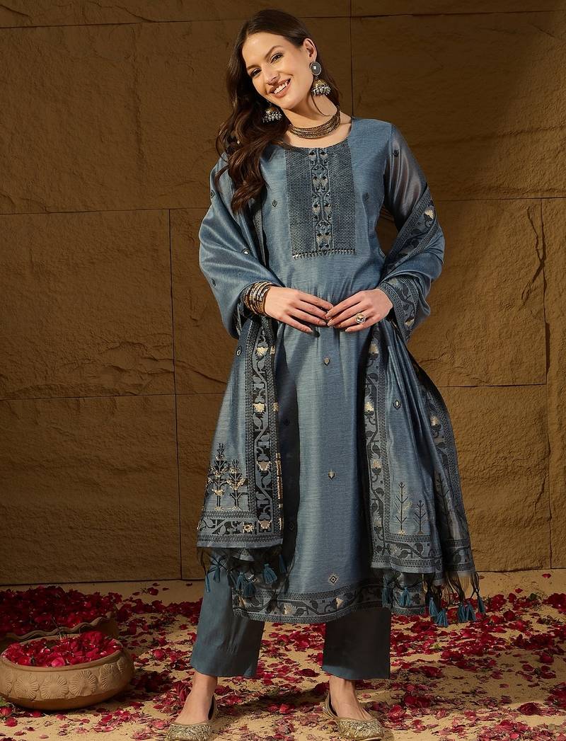 Women blue chanderi woven design straight kurta trouser with dupatta