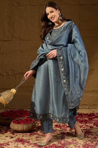 Women blue chanderi woven design straight kurta trouser with dupatta