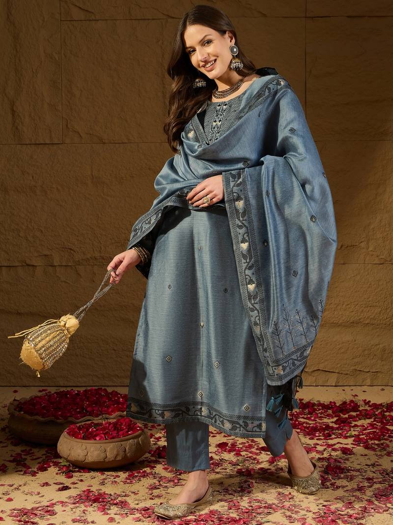 Women blue chanderi woven design straight kurta trouser with dupatta